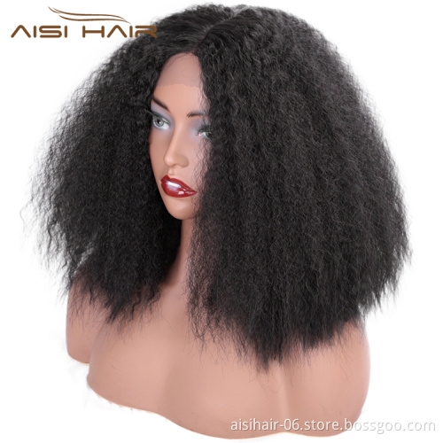 Aisi Hair Short Kinky Fluffy Natural Black Wig Cheap Middle Part Synthetic Lace Front Wig Afro Curly Hair Wigs For Black Women